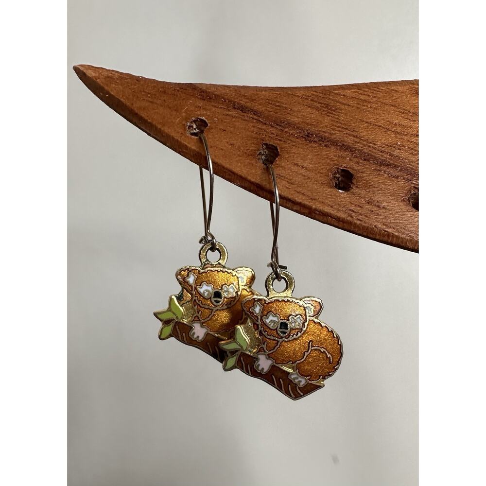 Vintage Koala Bear Eucalyptus Tree Climbing Earrings Gold Tone Nature Aviva